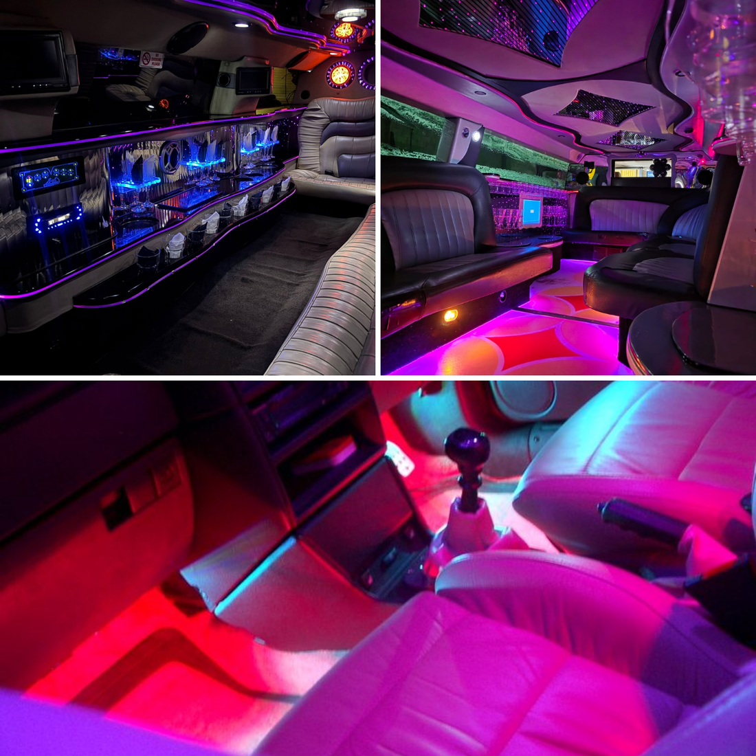  3 images of the interiors of Cars lit up with RGB Lighting.